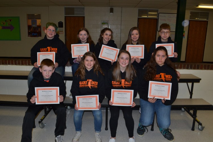 Gardiner Regional Middle School Falcons of the Month for the third quarter of the 2018-19 academic year. Front from left are Ben Tobey, Abigail Cooley, Elizabeth Kropp and Emma Doyon. Back from left are Seth Sears, Mya Pettengill, Lainey Cooley, Cassidy Clark and Eric Fyfe.