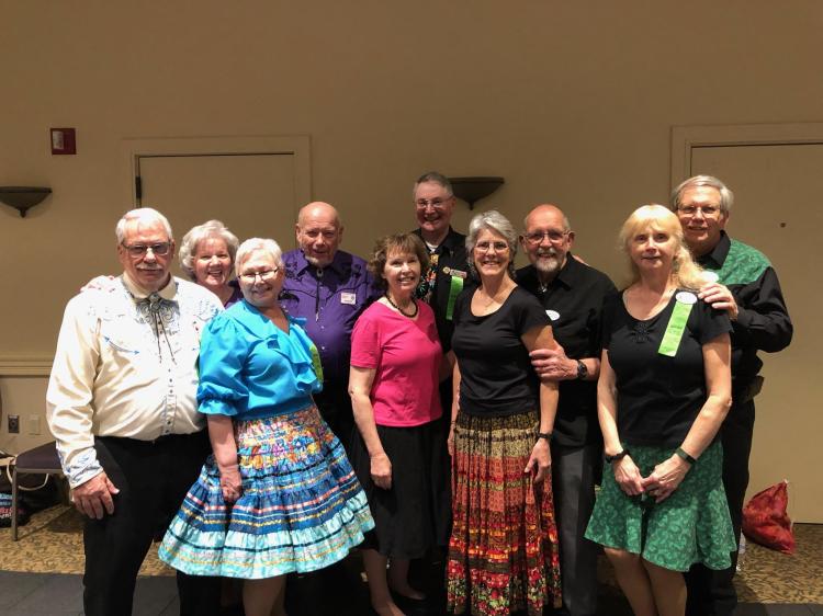The Maine dancers who attend, front, from left, were Dave and Ellie Mulcahy, Margaret Carter, Charlotte Sinclair and Nanci Temple. Back, from left are Cindy Fairfield, Bob Brown, Bruce Carter, Milton Sinclair and Fred Temple. The clubs represented by these dancers were Squire Town Squares of Winthrop, Central Maine Squares of Waterville, Friendship Squares of Wilton, Pine Cone Reelers of Augusta and the LeVi Rounders of Hermon. 