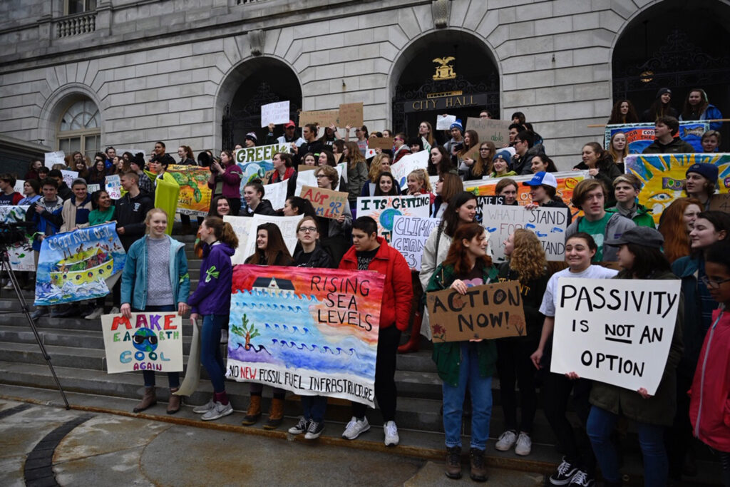 Students gather at Portland City Hall in March for a strike over a lack of action on climate change. Such groups worldwide are following the lead of a 16-year-old Swedish girl who skipped school for three weeks to protest in front of Sweden’s parliament building. 