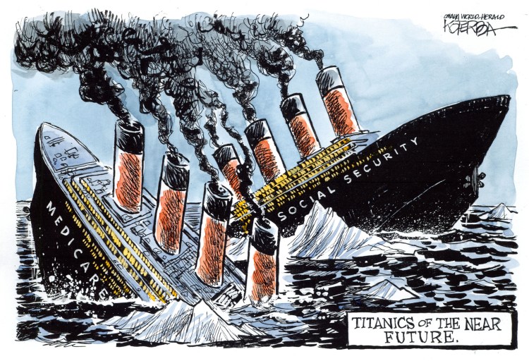 Jeff Koterba color cartoon for 4/25/2012
"Social Security Medicare Titanic"