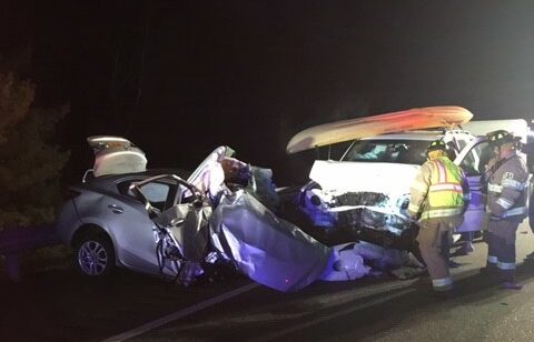 A car driven by a Saco woman is seen after colliding head-on Saturday night with two other vehicles on Interstate 95 in Augusta. 