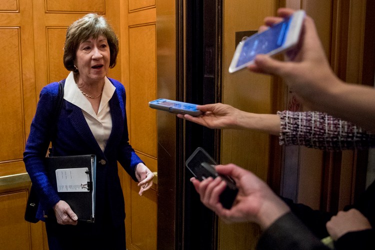 Sen. Susan Collins speaks to reporters following a Senate policy luncheon in Washington on April 2.