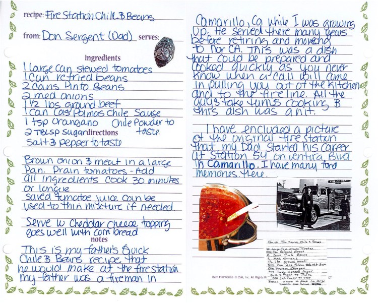 Don Sergent’s recipe for chili and beans, handwritten by Debra Brown. 
