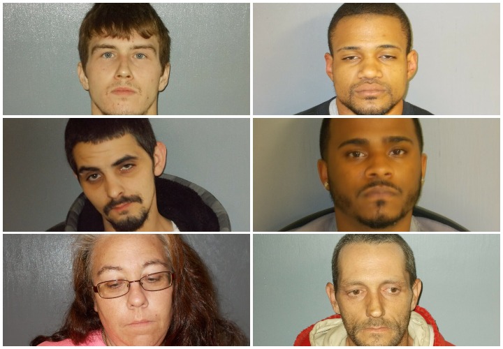 The suspects whom police arrested in drug raids early Friday morning in Waterville are Joshua Bilodeau, top left; William Botex, top right; Martin Fernald, middle left; Jheremy Sanchez, middle right; Gloria Pressey, bottom left; and Christopher Violette, bottom right. 