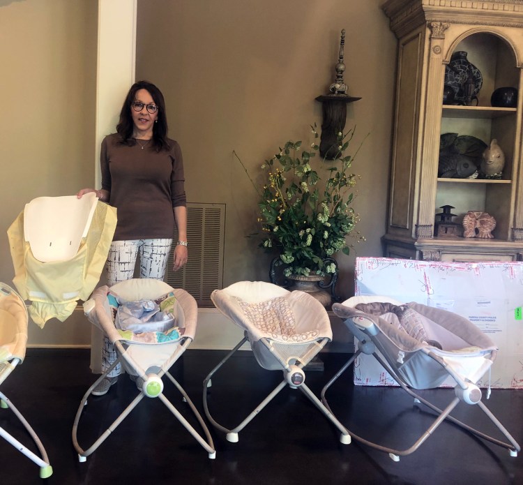 Jan Hinson, an attorney in Greenville, S.C., has a collection of Fisher-Price Rock 'n Play sleepers in her office. In 2014, she discovered her 7-week grandson blue and lifeless in an inclined sleeper, she said. He survived. 