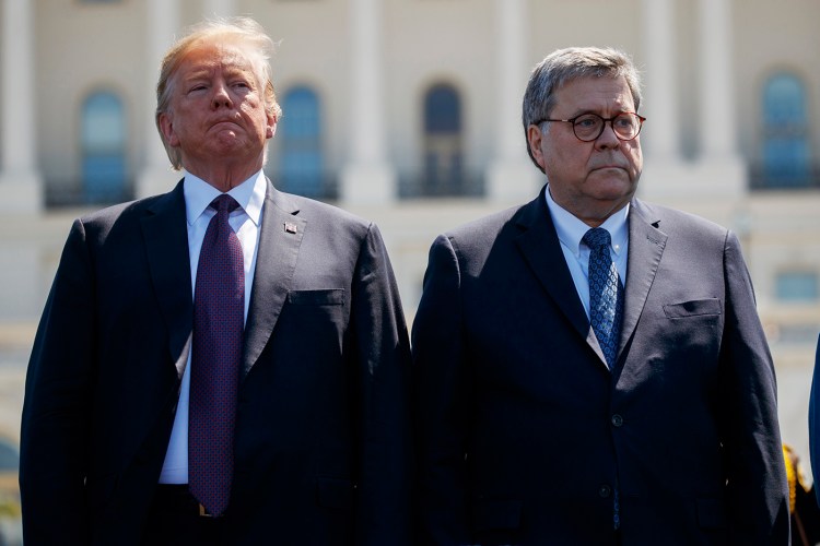 President Donald Trump and Attorney General William Barr during a  National Peace Officers' Memorial Service in Washington on Wednesday.