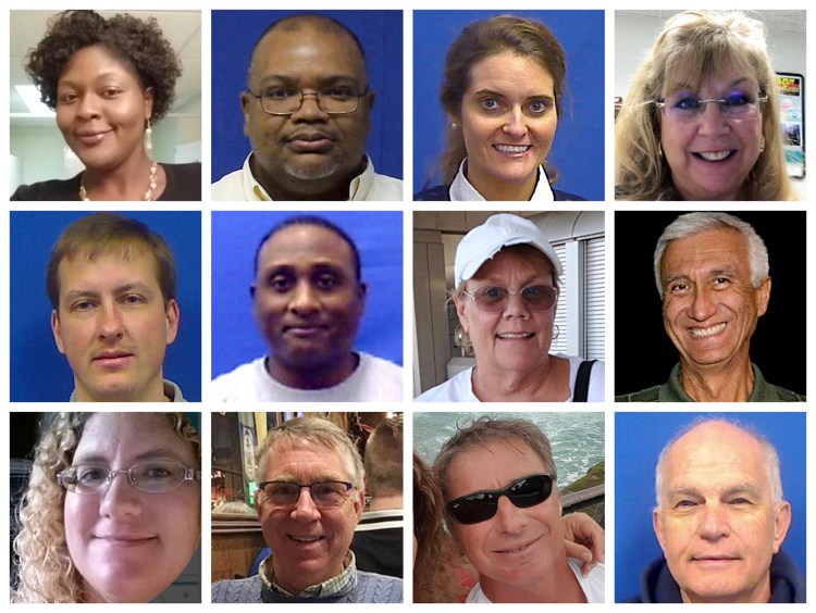 The victims of Friday's shooting in Virginia Beach, Va. Top row from left are Laquita C. Brown, Ryan Keith Cox, Tara Welch Gallagher and Mary Louise Gayle. Middle row from left are Alexander Mikhail Gusev, Joshua O. Hardy, Michelle "Missy" Langer and Richard H. Nettleton. Bottom row from left are Katherine A. Nixon, Christopher Kelly Rapp, Herbert "Bert" Snelling and Robert "Bobby" Williams. 