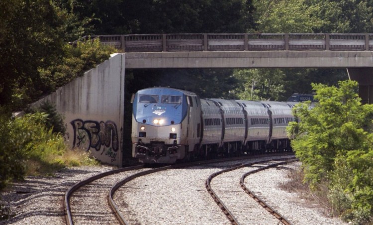 The northbound Amtrak Downeaster on its way to Brunswick in 2016. 
