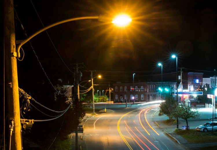 A lone street light illuminates Upper Main Street on Oct. 19, 2018, next to the train overpass in Fairfield. The Town Council is considering a switch to LED street lights.