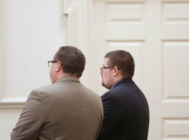 Dustin Bentley, right, appears in court with his lawyer Robert LeBrasseur on Monday. He is accused of killing his roomate in Old Orchard Beach in March. 