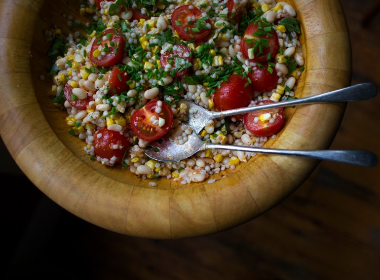 Pearled barley, corn and tomato salad. This cold summer salad features Maine Grains Pearled Black Nile Barley. 