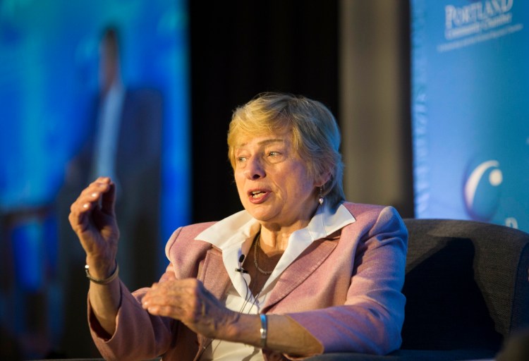 Gov. Janet Mills speaks at Portland Regional Chamber of Commerce monthly business forum  on Wednesday, where she stressed the need for bipartisan support of economic development efforts. 