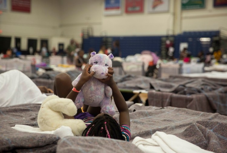 A girl plays with a stuffed animal on her cot at the Portland Expo. Asylum seekers, mostly from Angola and the Democratic Republic of the Congo, have been living at the temporary shelter at the Portland Expo for about a month. Brunswick is trying to make arrangements to host 30 to 40 people in housing at Brunswick Landing. 