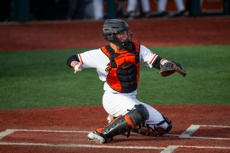 The Baltimore Orioles lead off the Major League Baseball Draft for the first time in 30 years and Oregon State catcher Adley Rutschman is a heavy favorite to be selected No. 1 on Monday night, June 3, 2019. (AP Photo/Chris Pietsch, File)