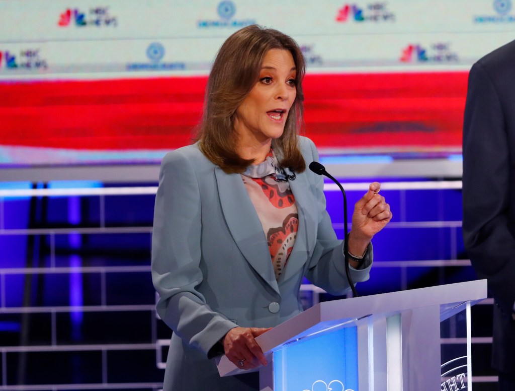 Democratic presidential candidate author Marianne Williamson, speaks during the Democratic primary debate hosted by NBC News at the Adrienne Arsht Center for the Performing Art, Thursday, June 27, 2019, in Miami. (AP Photo/Wilfredo Lee)