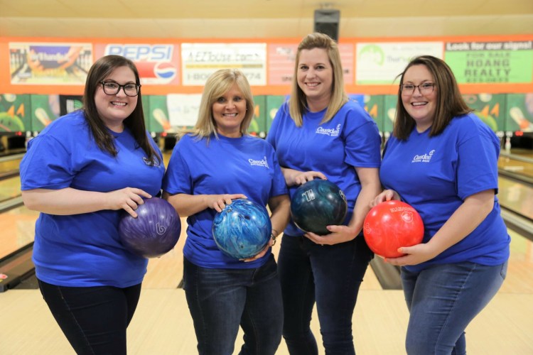 Camden National Bank employees from left are Amanda Stanford, Donna York, Leanne Compton and Sarah Golden. They took part in the Kennebec Valley Bowl for Kids' Sake May 9-16 in Hallowell and Skowhegan.