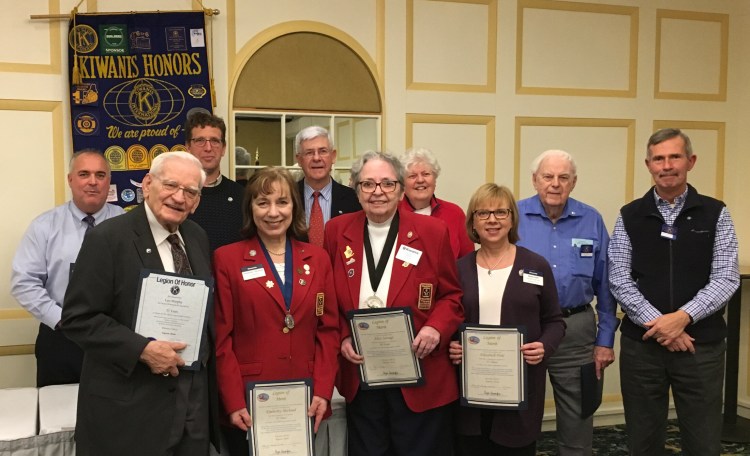 Augusta Kiwanis Club honorees front from left are Leo Murphy, Kim Merrill, Dr. Alice Savage and Elizabeth Pohl. Back from left are  Gary Lapierre, Philip Davidson, Peter Thompson, Carolyn Perry, Leroy Hussey and Mark Johnston. Not pictured though awarded were David Hastings, Robert Leason, Richard Maxwell, Jennifer Coffin and Ben Ridley.