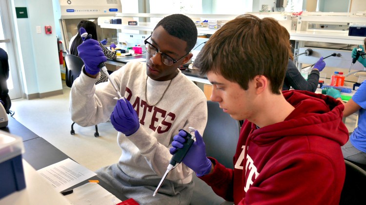 Bates College students Matt Lopez de Leon, left, and Cooper Andrews work on a project at MDI Biological Laboratory in Bar Harbor during a short-term class last month. The course is funded by a federal program aimed at spurring biomedical research training opportunities in Maine. 