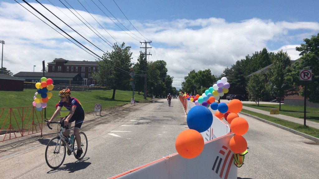 Riders arrive Friday at Bates College in Lewiston to complete the first day of riding in the Trek Across Maine.