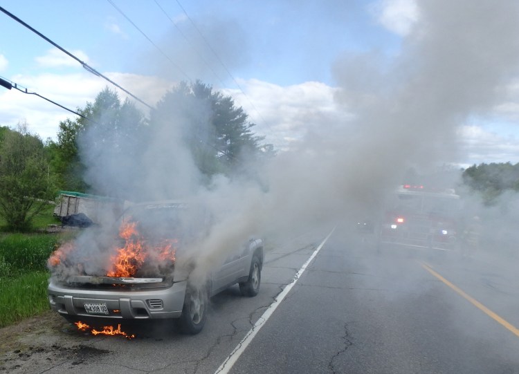 No one was injured Tuesday, when the front end of an SUV burst into flame on China Road in Winslow, likely fueled by a leaking transmission line. While the blaze held up traffic for a while, the 28-year-old woman who was driving the vehicle and a 2-year-old girl suffered no harm.