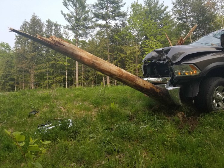 Route 302 in Fryeburg was closed as rescuers responded to the site of this crash Saturday evening. (Photo courtesy of Fryeburg Police Department)