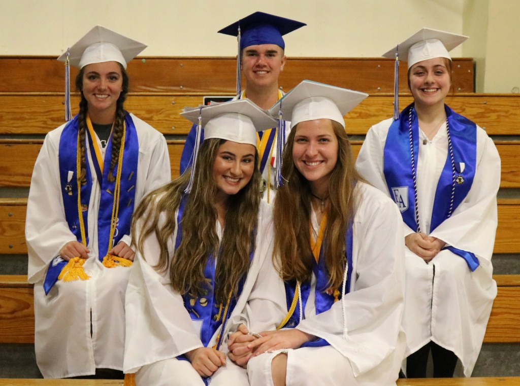 Seniors of the Trimester recipients, front from left are Lydia Boucher and Elizabeth Sugg. Back from left are Alana York, Braden Soule, and Mireya Noa'Dos Santos.