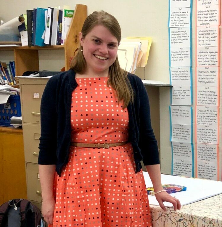 Hall-Dale Middle and High School French teacher Emily Bowen, pictured in her classroom, was named Kennebec County Teacher of the Year. 