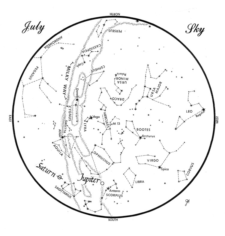 SKY GUIDE:  This chart represents the sky as it appears over Maine during July.  The stars are shown as they appear at 10:30 p.m. early in the month, at 9:30 p.m. at  midmonth and at 8:30 p.m. at month’s end.  Saturn and Jupiter are shown in their midmonth positions.  To use the map, hold it vertically and turn it so that the direction you are facing is at the bottom. 