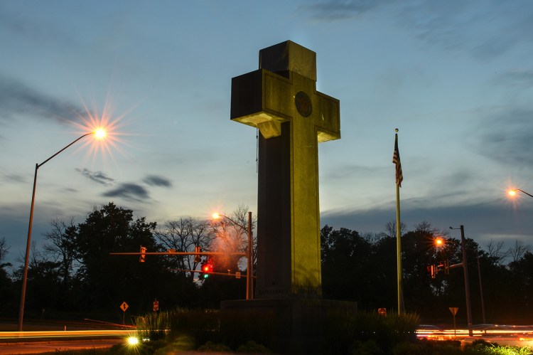 The "Peace Cross," the focus of an intense court case regarding its upkeep and placement on public land, stands at a busy intersection in Bladensburg, Md. 