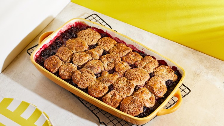 One-bowl Blackberry Cobbler with Easy Cinnamon-Sugar Buttermilk Biscuits. 