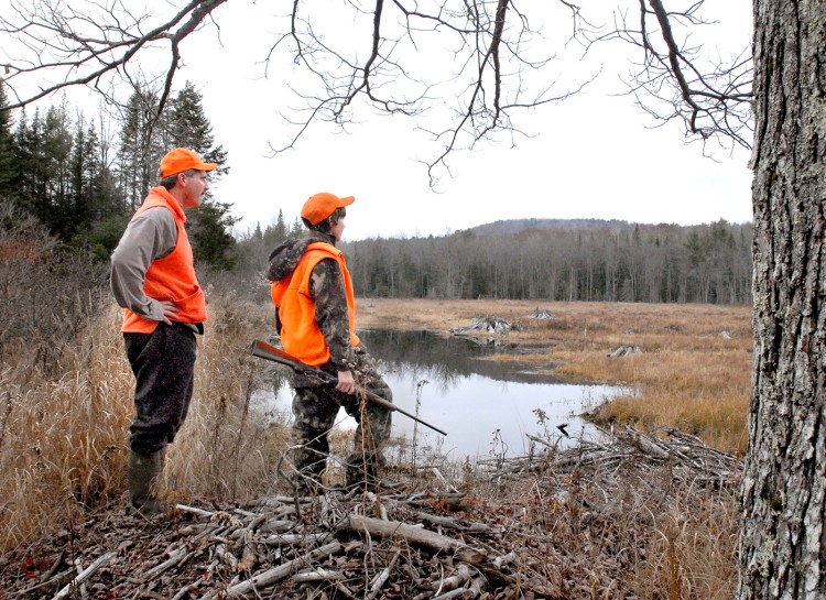 Trevor and Zach Tidd gaze out over a beaver pond while hunting moose in Casco.