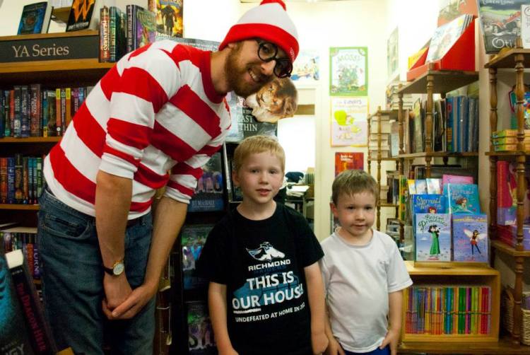 From left are Reid Brechner aka Waldo, Sam and Luke Farkas at DDG Booksellers in Farmington.