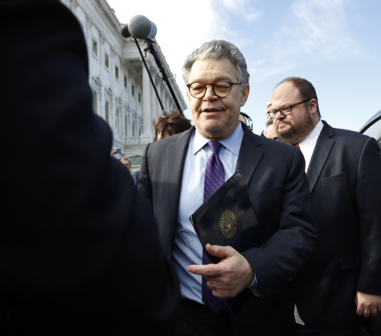 In this file photo, former Sen. Al Franken, D-Minn., leaves the Capitol after speaking on the Senate floor Dec. 7 to announce his plan to resign. 