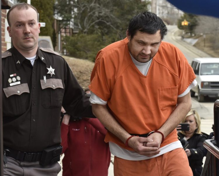 Julio Carrillo of Stockton Springs is led into Waldo County Superior Court in Belfast on Feb. 28, 2018, charged in the killing of his stepdaughter Marissa Kennedy. 