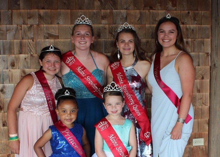 The 2019 Maine Strawberry Pageant winners are, in front, from left, Sophia Carlson, of Gardiner, Strawberry Blossom runnerup; Charlotte Garloff, of Pittston, 2019 Maine Strawberry Blossom. In back, from left, are Ashley Kalloch, of Whitefield, Strawberry Princess Runnerup; Morgan Boynton, of Readfield, 2019 Maine Strawberry Princess; Tori Grasse, of Windsor, 2019 Maine Strawberry Queen and Miss Congeniality; and Shelby Skipper, of Pittston, Strawberry Queen Runnerup.