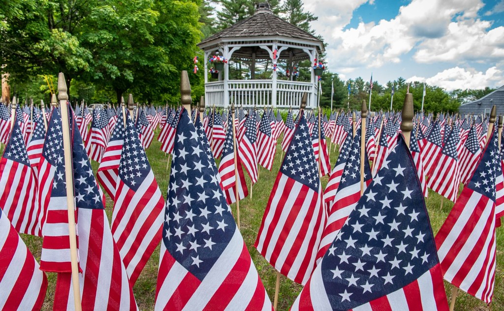 A total of 666 flags surround the gazebo in front of the Anderson-Staples American Legion Hall on Route 121 in Oxford. The number represents veterans who die by their own hand every month, according to the Veterans Crisis Line. 