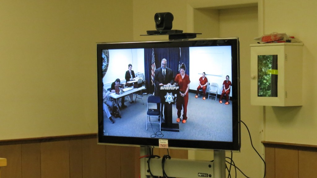 Bethany Ringuette appears Wednesday via video conference before Judge Nancy Carlson at Oxford County District Court. Ringuette was at the Oxford County Jail. 
