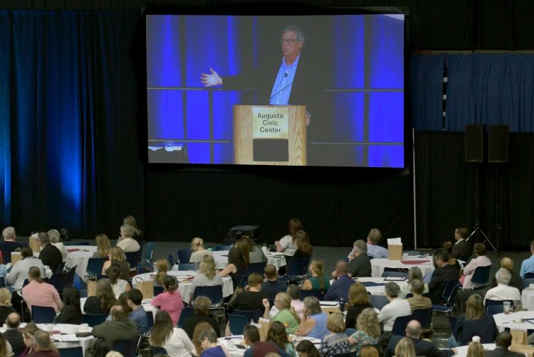 Sam Quinones, author of the book "Dreamland," speaks Monday at the governor's opioid conference in Augusta.