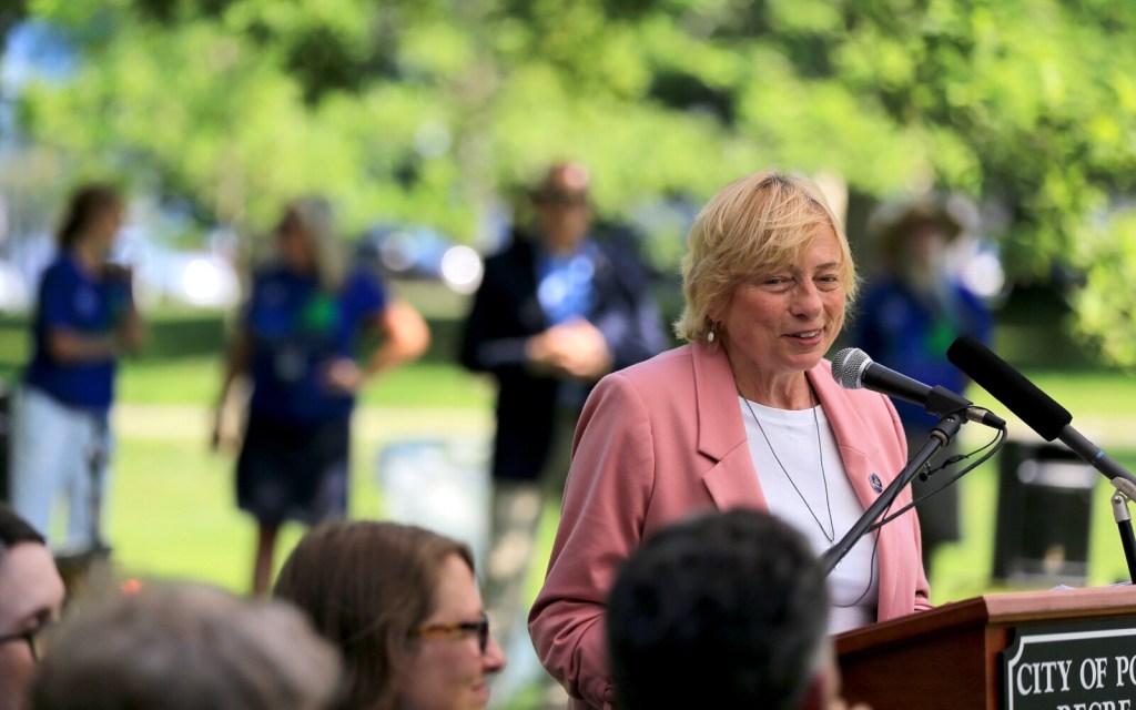 Gov. Janet Mills speaks during a ceremony kicking off Maine's bicentennial in Deering Oaks, one of four such events Mills attended throughout the state on Tuesday.