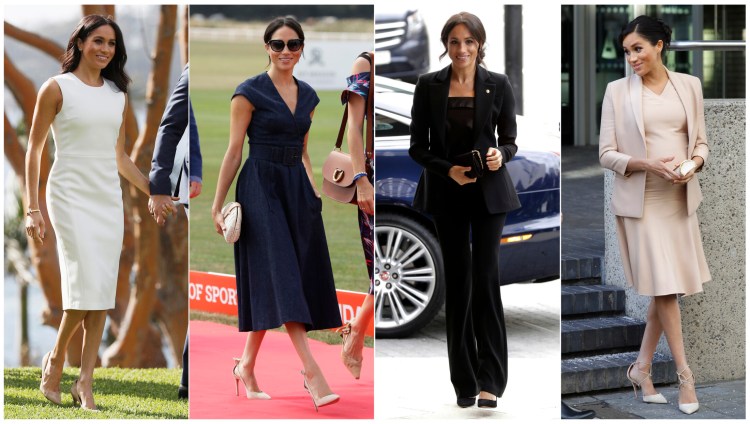 This combination photo shows Meghan, Duchess of Sussex, at Admiralty House in Sydney, Australia on Oct. 16, 2018, from left, at the Royal County of Berkshire Polo Club in Windsor, England on July 26, 2018, at the annual WellChild awards in London on Sept. 4, 2018 and at the National Theatre in London on Jan. 30, 2019. 
