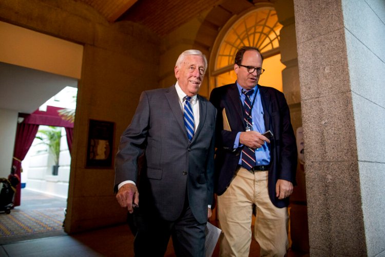 House Majority Leader Steny Hoyer of Md., left, arrives for a House Democratic caucus meeting on Capitol Hill in Washington, Wednesday, July 10, 2019.