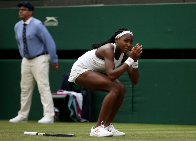 Coco Gauff reacts after beating Venus Williams, 6-4, 6-4 in the first round at Wimbledon on Monday in London.
