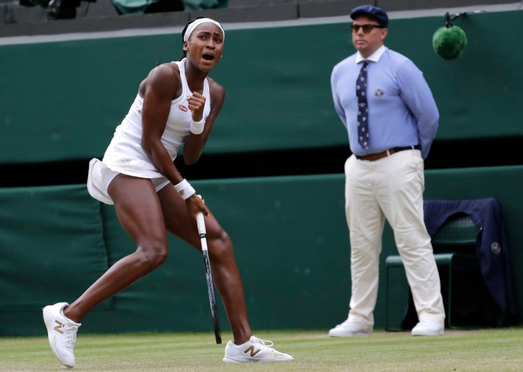 Coco Gauff celebrates during her 3-6, 7-6 (7), 7-5 win over Polona Hercog in the third round at Wimbledon on Friday.