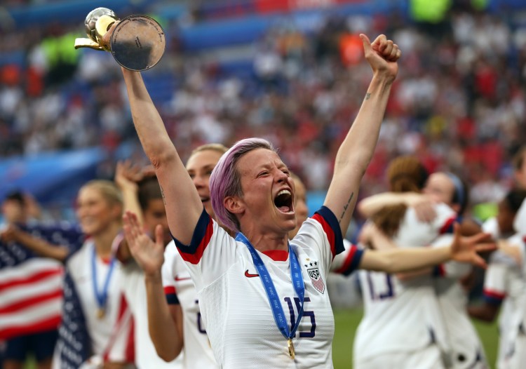 Megan Rapinoe holds the trophy at the end of the Women's World Cup final  between the U.S. and the Netherlands at the Stade de Lyon in Decines, France, on Sunday. The U.S. defeated the Netherlands, 2-0. 

