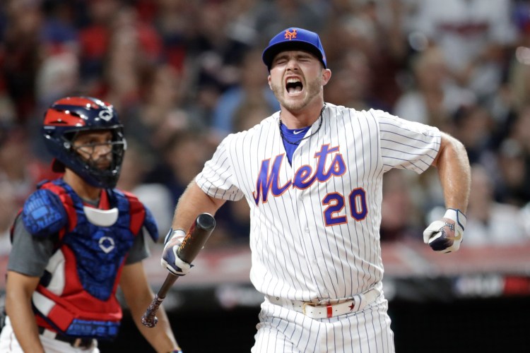Pete Alonso celebrates during the Home Run Derby on Monday in Cleveland. Alonso beat Vlad. Guerrero Jr. in the finals. 