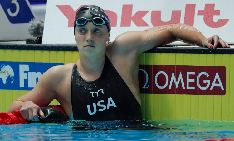 United States' Katie Ledecky, reacts after finishing second in the 400-meter freestyle at the world championships on Sunday in Gwangju, South Korea. Ledecky had won the world title in the 400 at the previous three championships.
