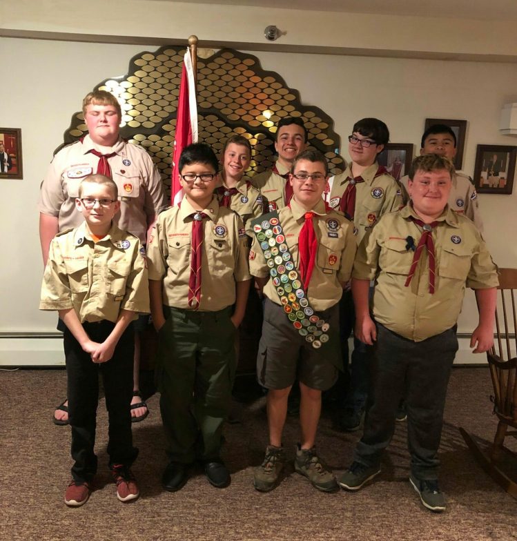 Boy Scout Troop 485 held a Court of Honor June 30 in Skowhegan. Five members were conferred new rank recognition and eight members were awarded 25 merit badges. Front from left are Taylor Hayden, Jeremiah Wiswall, Michael Connolly and Travis Coombs. Back from left are Dylon Corson, Connor Files, Anthony Alberico, Dalton Curtis and Noah Wiswall.

