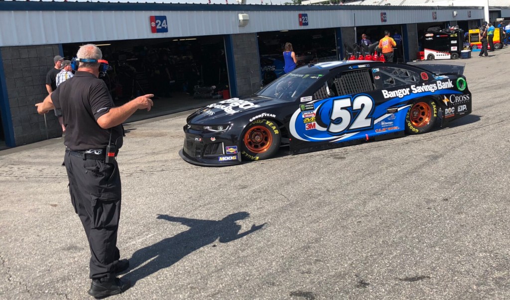 Fort Kent's Austin Theriault pulls into his garage stall Saturday during a Monster Energy NASCAR Cup Series practice session at New Hampshire Motor Speedway in Loudon, N.H.