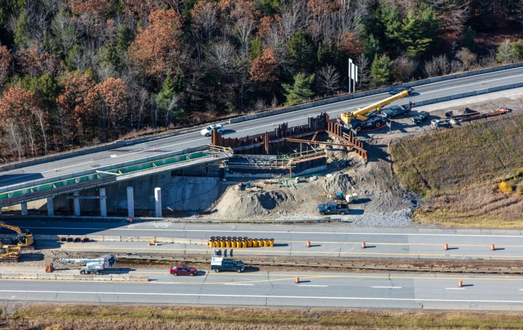 An aerial view of the work taking place at Exit 103 of the Maine Turnpike in West Gardiner.