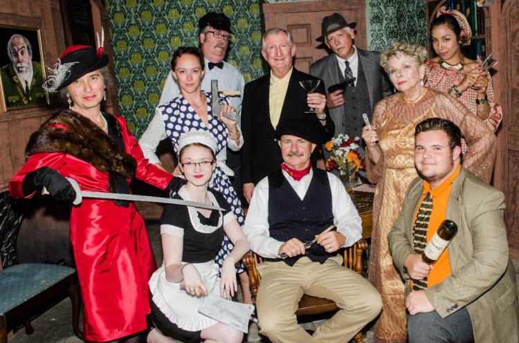 The cast for "The Musical Comedy "Murders of 1940" includes: In front, from left, Jan Collins, Delaney Crocker, Steve Linder and Andre Niles; second row, from left, Allison Kuhns, Don Petersen and Betsy Bransky; in back, from left, Chris Crocker, Tim Davis and Rocio Carey. 